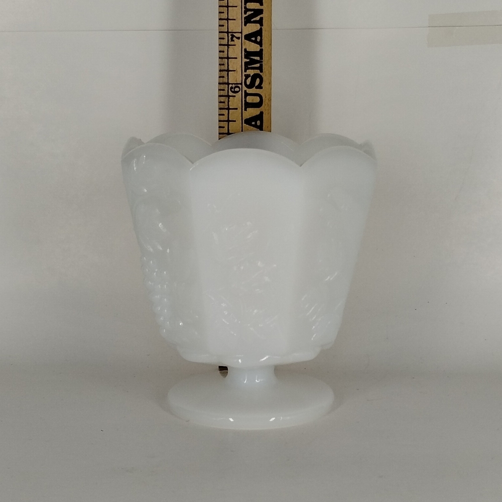E.O. BRODY CO Cleveland Milk Glass Pedestal Vase Grapes & Leaves Design 5” Tall